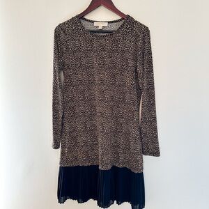 Michael Kors Leopard Print Long Sleeve Dress with Black Pleated Hem